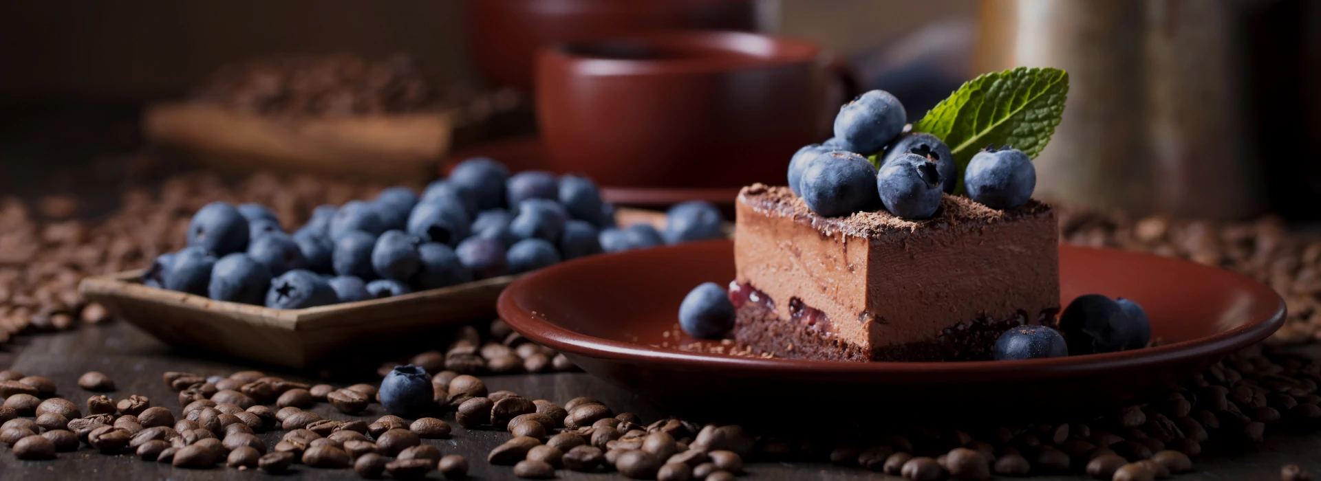 Chocolate blueberry cake and coffee beans